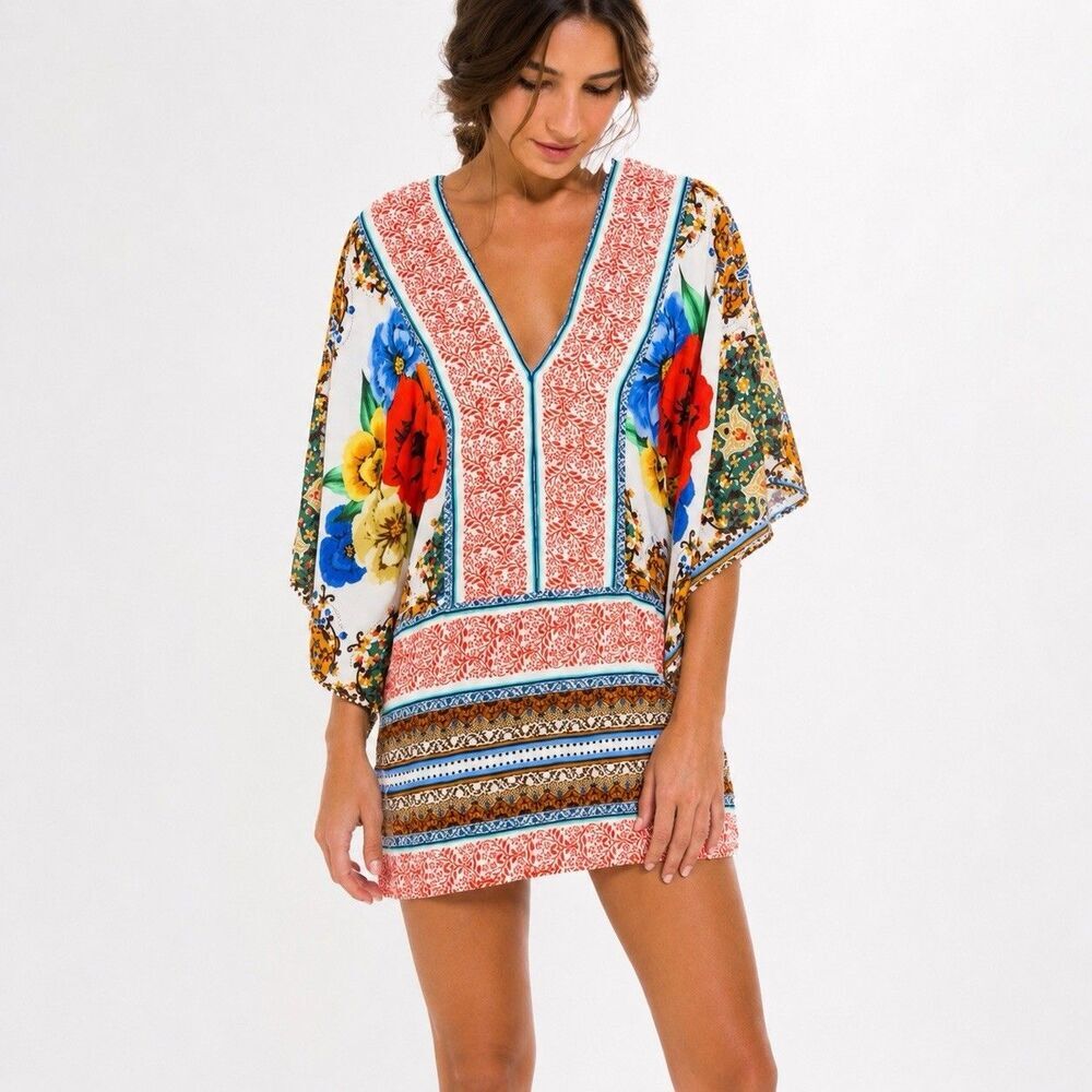 Farm Rio Partina Floral Festival Mini Dress Kaftan Tunic Small Brazil